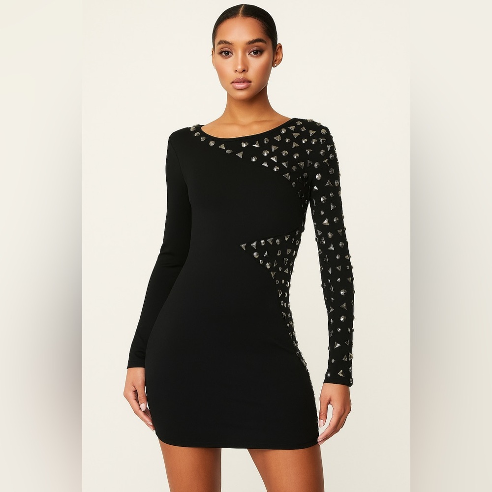 Bebe Black Studded Bodycon Evening Dress